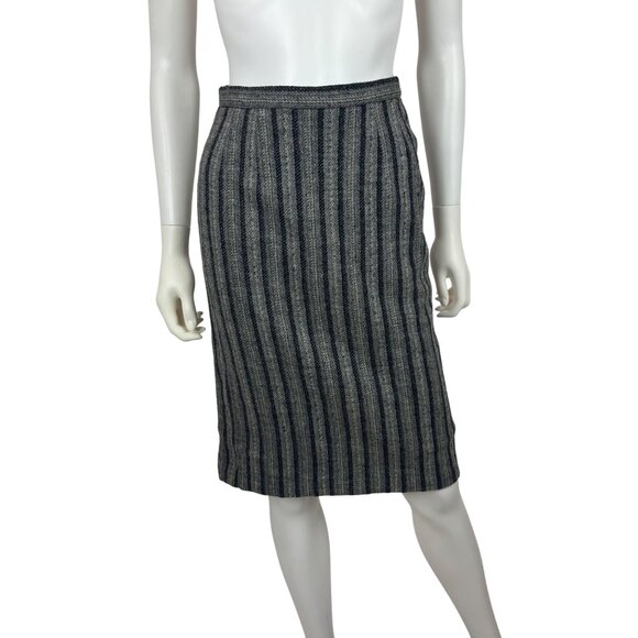 Vintage 80s Wool Skirt Womens XS Gray Striped Straight Knee Length Pencil - Picture 2 of 10
